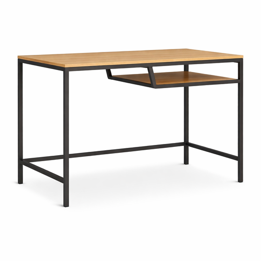 Wooden desk with black metal frame on a white background