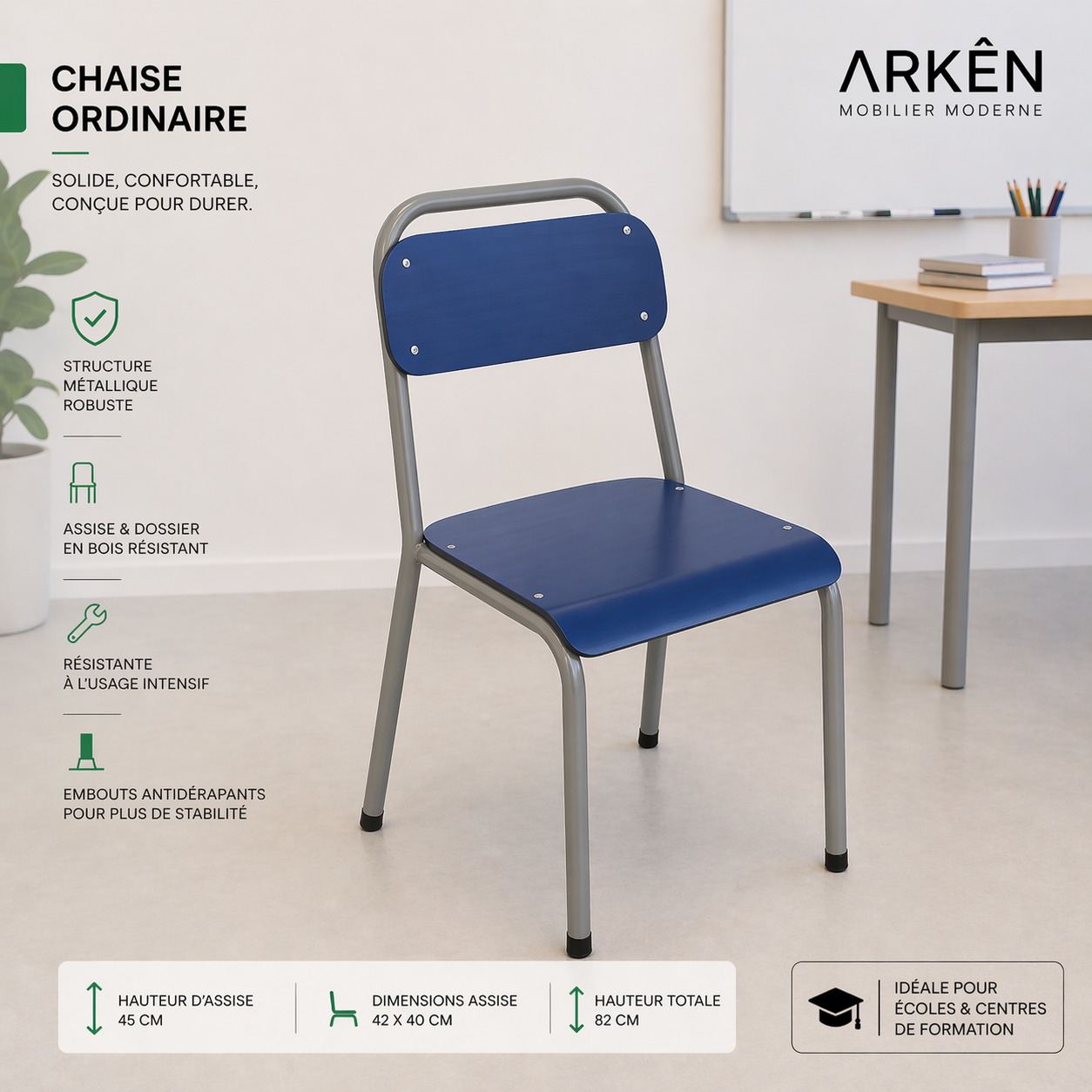 Chaise ordinaire école & centre de formation – Structure métallique robuste