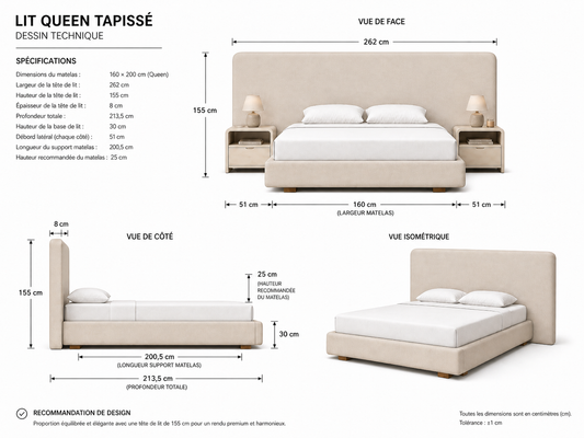 Lit Queen Size avec tête de lit rembourrée lisse — 160 × 200 cm
