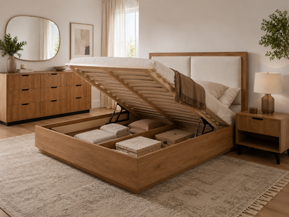 Chambre à coucher Zoé – Lit coffre 160x190 + 2 tables de nuit + rangement 9 tiroirs