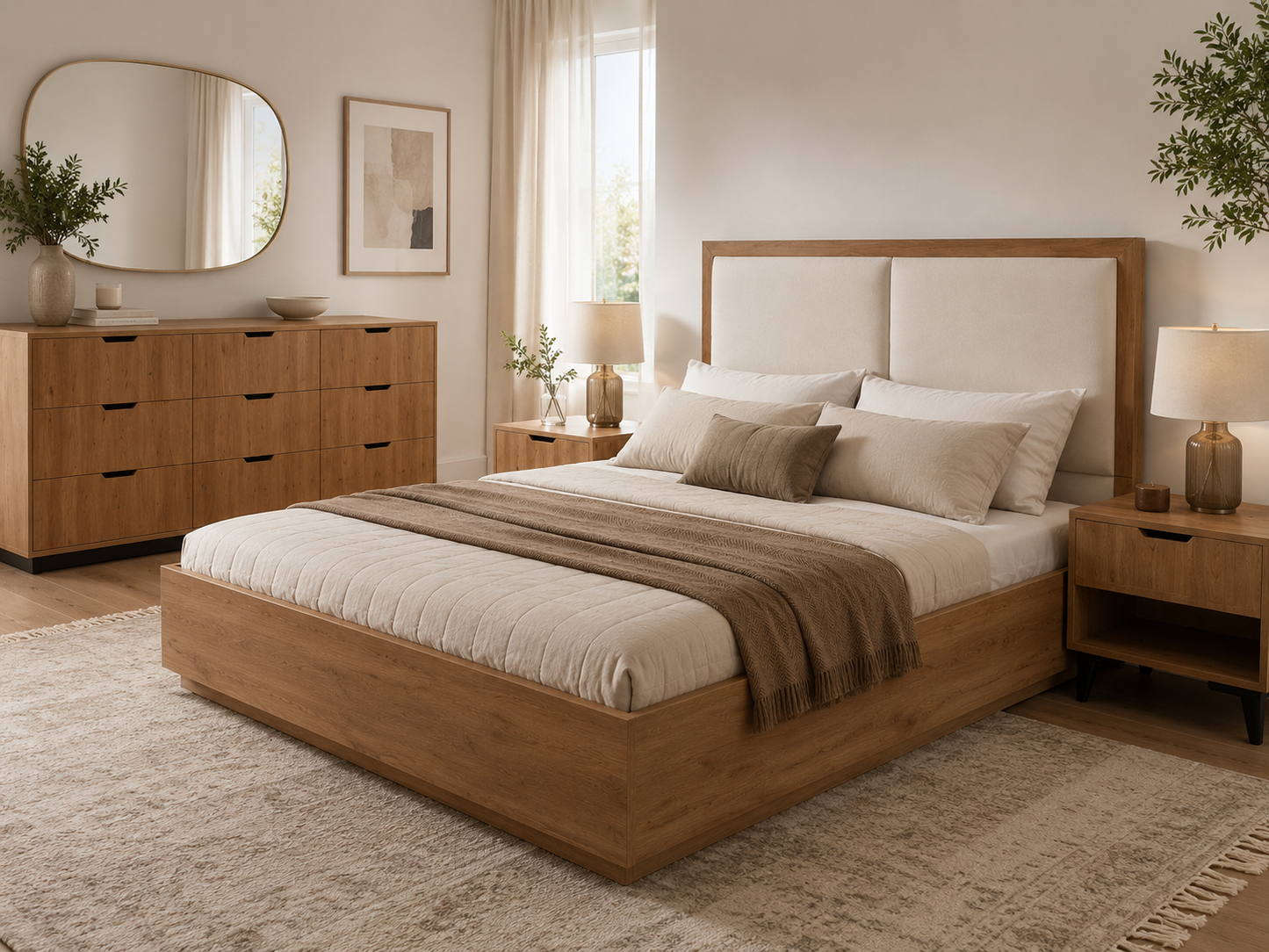 Chambre à coucher Zoé – Lit coffre 160x190 + 2 tables de nuit + rangement 9 tiroirs
