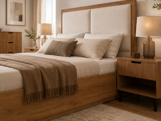 Chambre à coucher Zoé – Lit coffre 160x190 + 2 tables de nuit + rangement 9 tiroirs