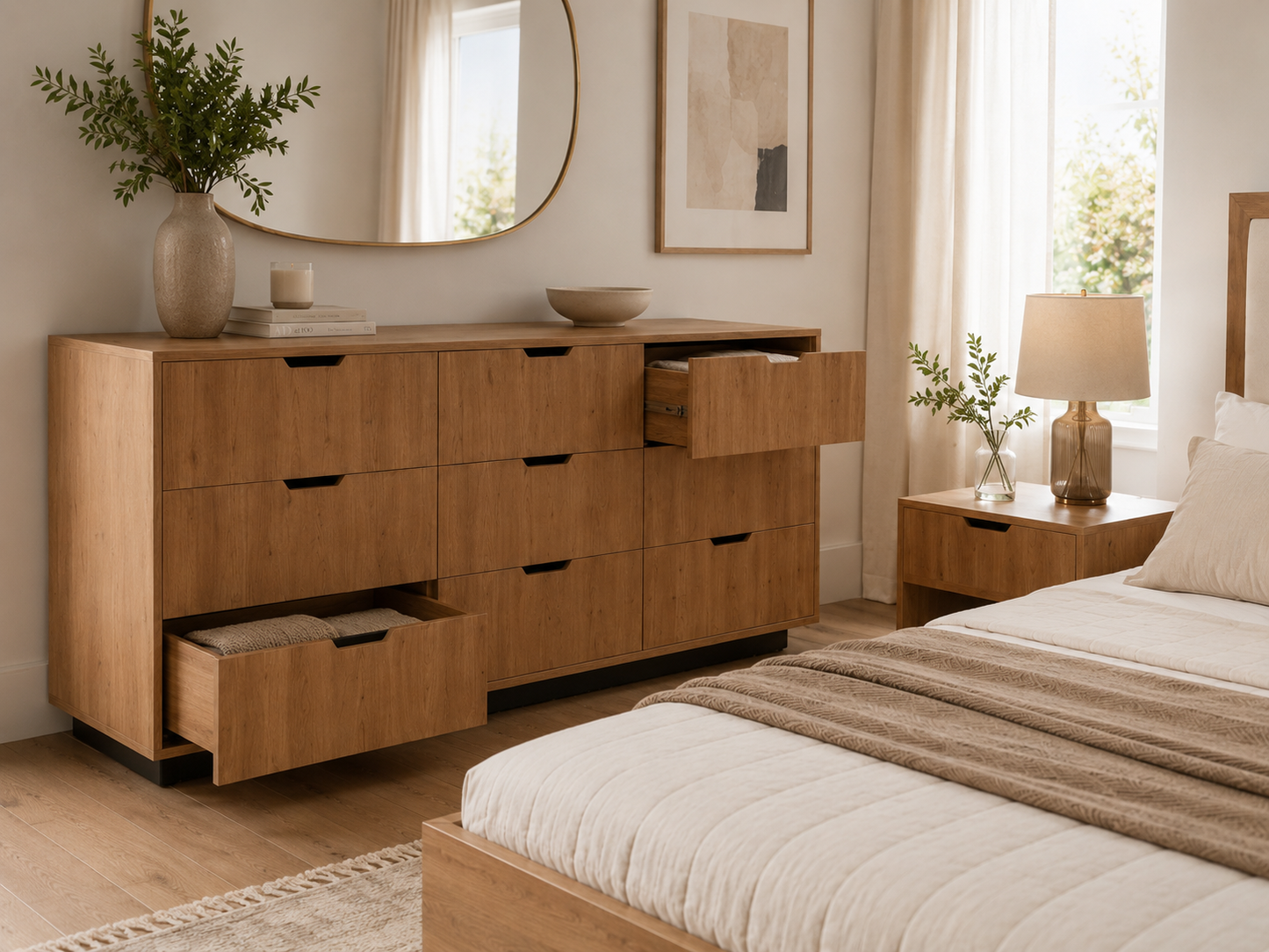 Chambre à coucher Zoé – Lit coffre 160x190 + 2 tables de nuit + rangement 9 tiroirs