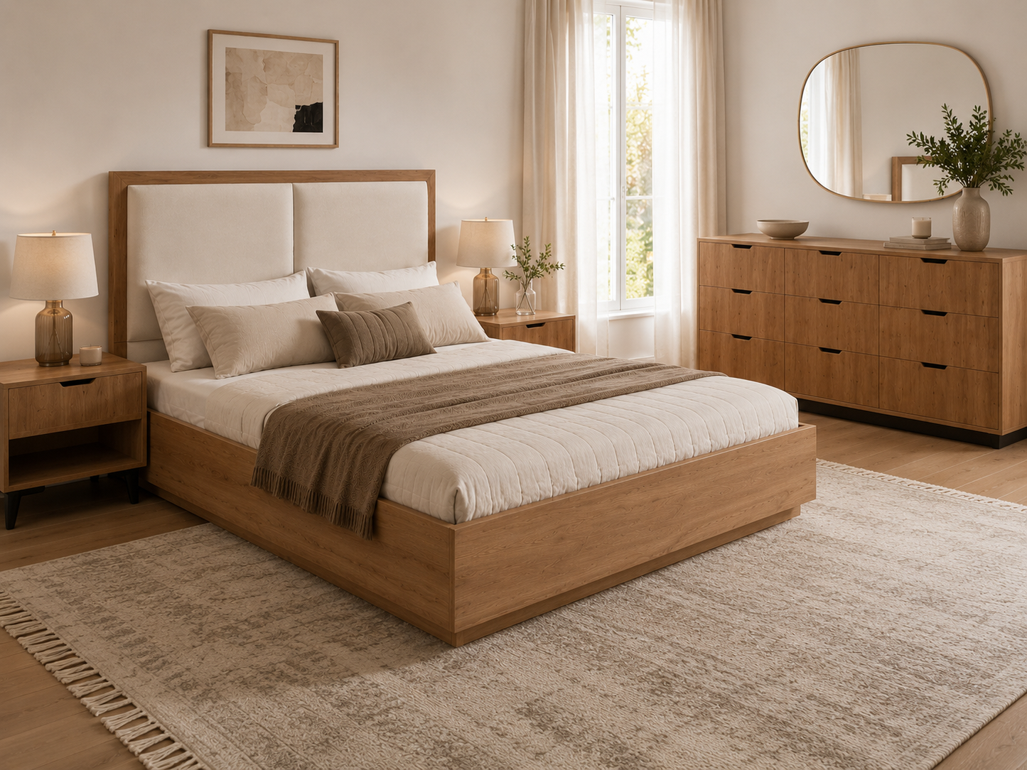 Chambre à coucher Zoé – Lit coffre 160x190 + 2 tables de nuit + rangement 9 tiroirs