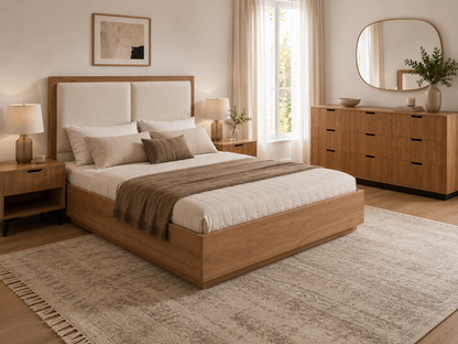 Chambre à coucher Zoé – Lit coffre 160x190 + 2 tables de nuit + rangement 9 tiroirs