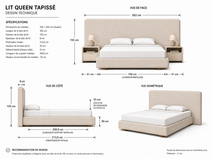Lit Queen Size avec tête de lit rembourrée lisse — 160 × 200 cm