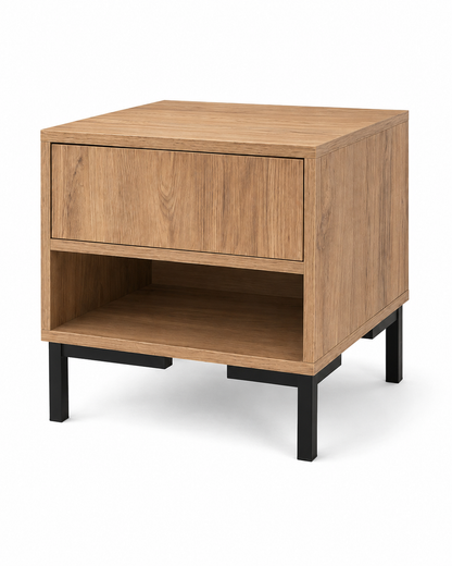 Table de chevet Arken 45×45 cm – Finition chêne naturel avec tiroir et niche ouverte