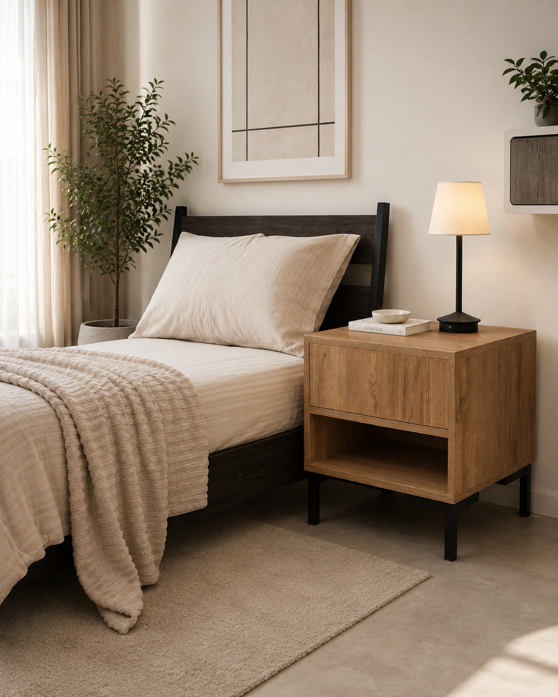 Table de chevet Arken 45×45 cm – Finition chêne naturel avec tiroir et niche ouverte