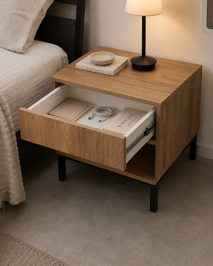 Table de chevet Arken 45×45 cm – Finition chêne naturel avec tiroir et niche ouverte