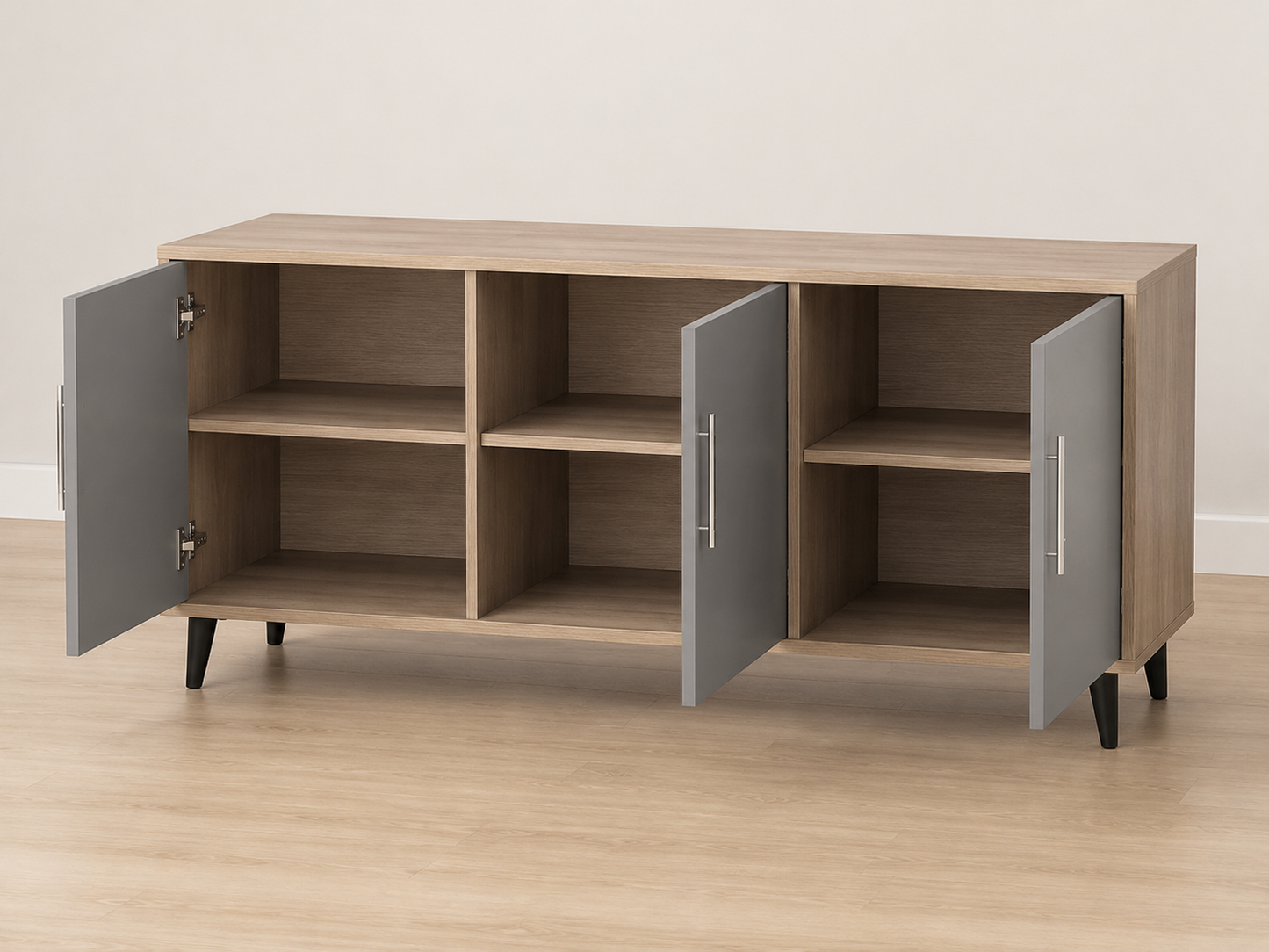Buffet de Rangement Moderne 3 Portes — Gris & Effet Bois