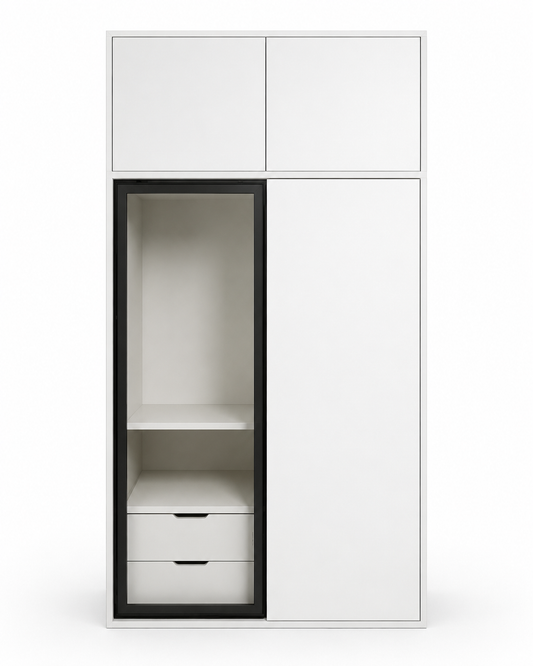 Armoire de rangement blanche avec porte vitrée fumée – 120 x 60 x H 200 cm + rangement supérieur