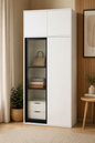 Armoire de rangement blanche avec porte vitrée fumée – 120 x 60 x H 200 cm + rangement supérieur