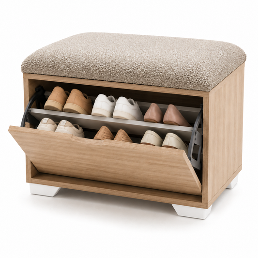 Banc Range-Chaussures ARKEN – Chêne & Assise Bouclette Beige Grège