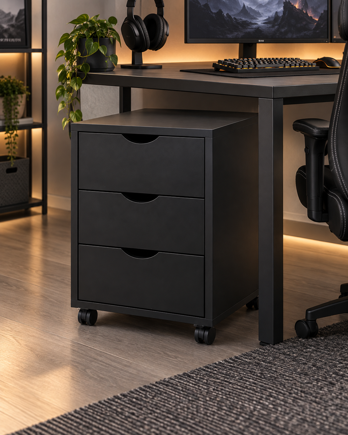 Caisson Mobile ARKEN 3 Tiroirs sur Roulettes – Noir – 40 × 40 × H63 cm