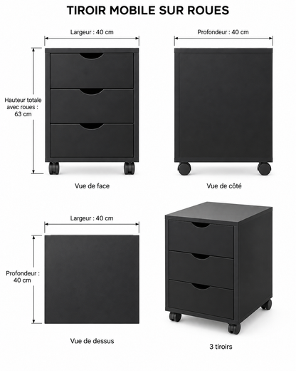 Caisson Mobile ARKEN 3 Tiroirs sur Roulettes – Noir – 40 × 40 × H63 cm