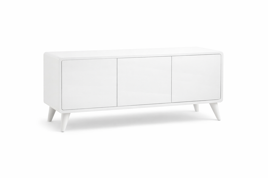 Meuble TV blanc laqué — 120 cm, 3 tiroirs, pieds scandinaves