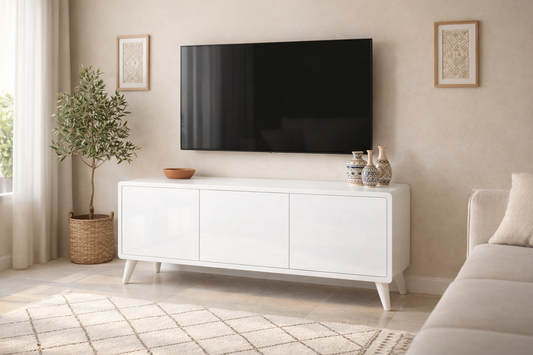 Meuble TV blanc laqué — 120 cm, 3 tiroirs, pieds scandinaves