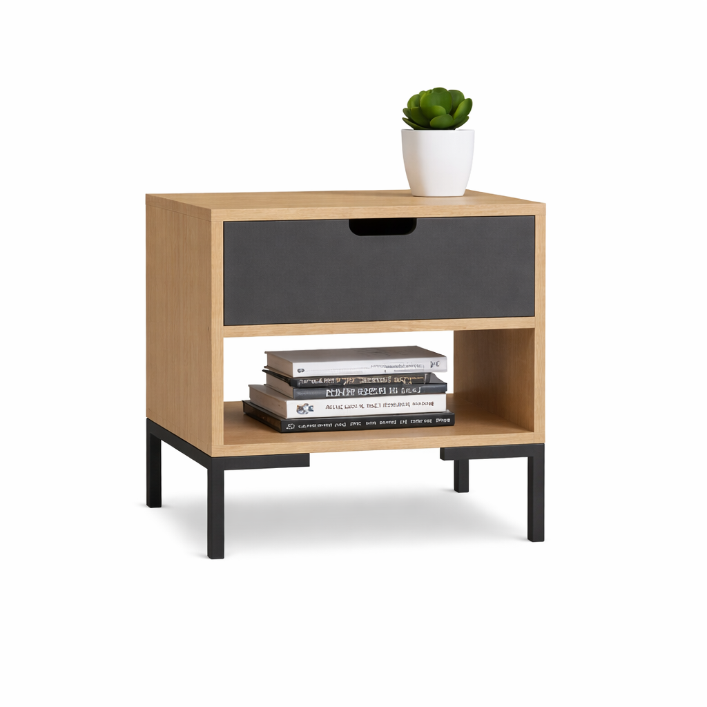 Wooden side table with a drawer, books, and a plant on a white background