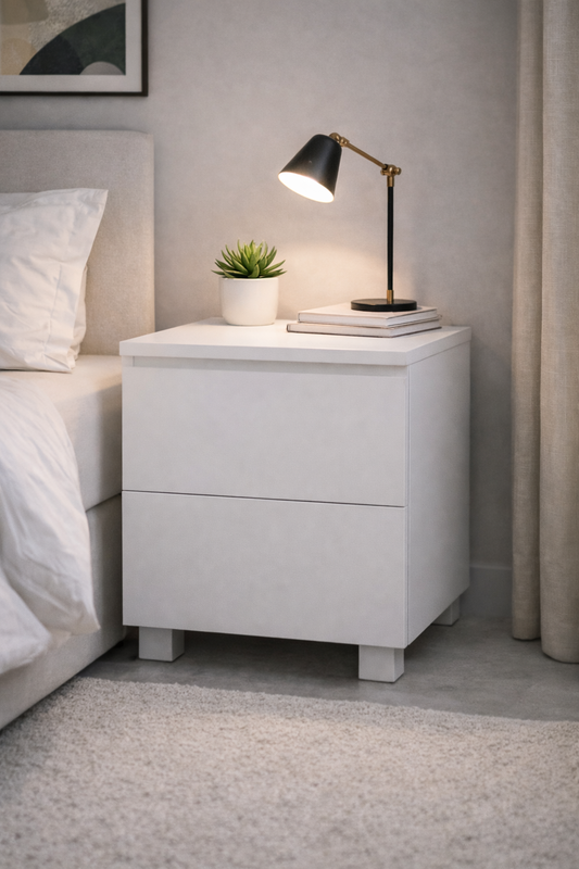 Table de nuit minimaliste blanche – Élégance moderne pour chambre contemporaine